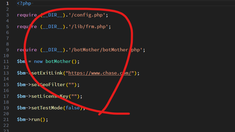 botMotherによるアクセス選別と正規Chaseサイトへの転送先設定が記述されたPHPコード