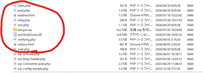 WordPressのファイル群と同じ場所で確認されたZIP・DLL・PHPファイル