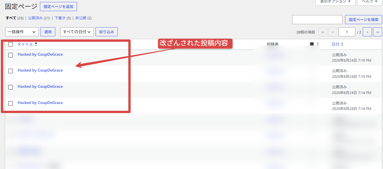 WordPress管理画面にHacked by CoupDeGraceの不正固定ページが複数表示された画面