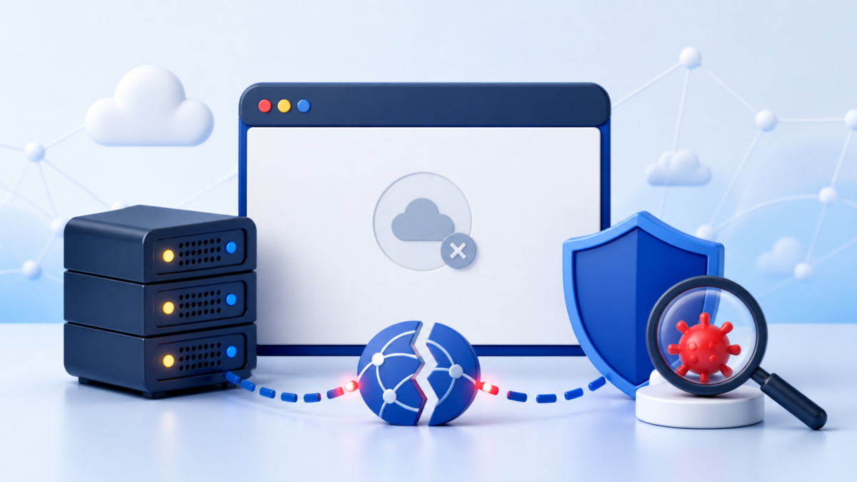 WordPressのサイト停止をサーバー・DNS・マルウェアの順に切り分けるイメージ