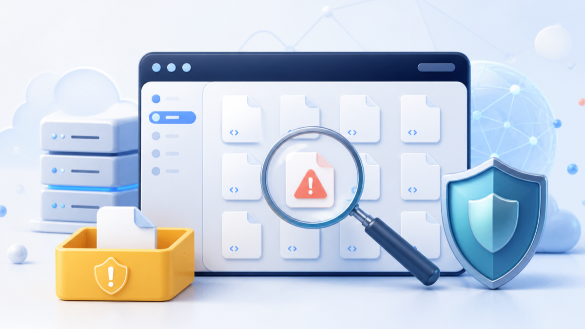 WordPressサーバー内の不審なPHPファイルを拡大確認して安全に隔離するイメージ