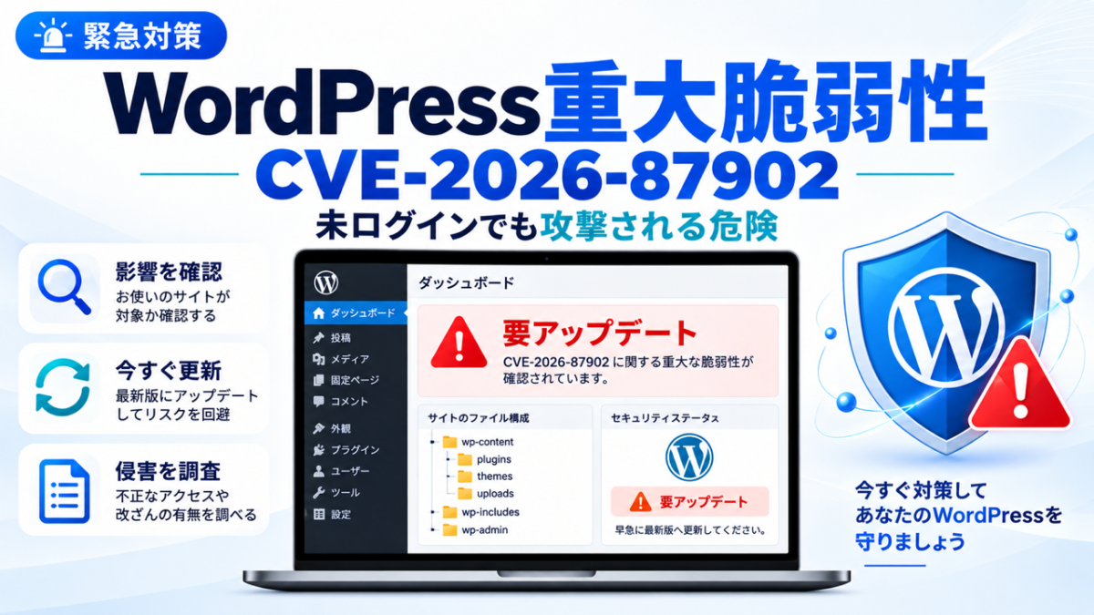 WordPress重大脆弱性CVE-2026-87902の緊急更新と侵害調査を案内する画像