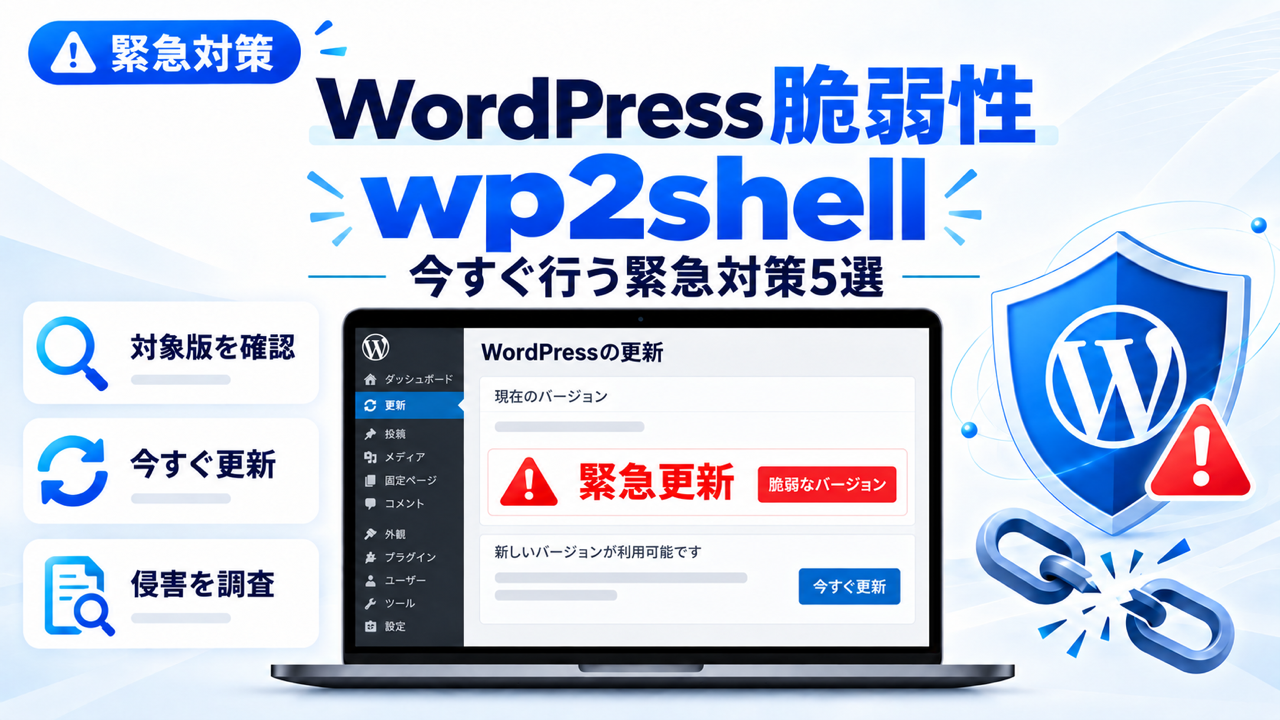 WordPress脆弱性wp2shellの対象版確認・緊急更新・侵害調査を案内する画像