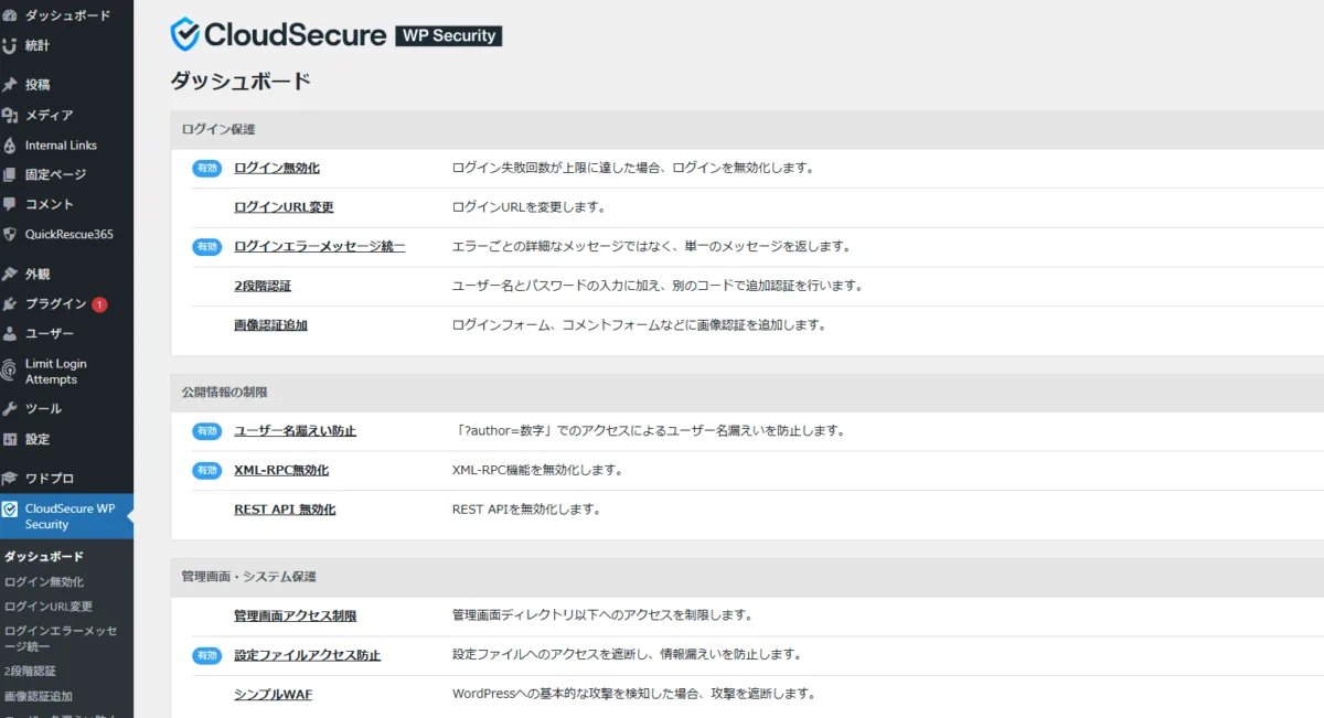 CloudSecure WP Securityダッシュボードの保護状態一覧