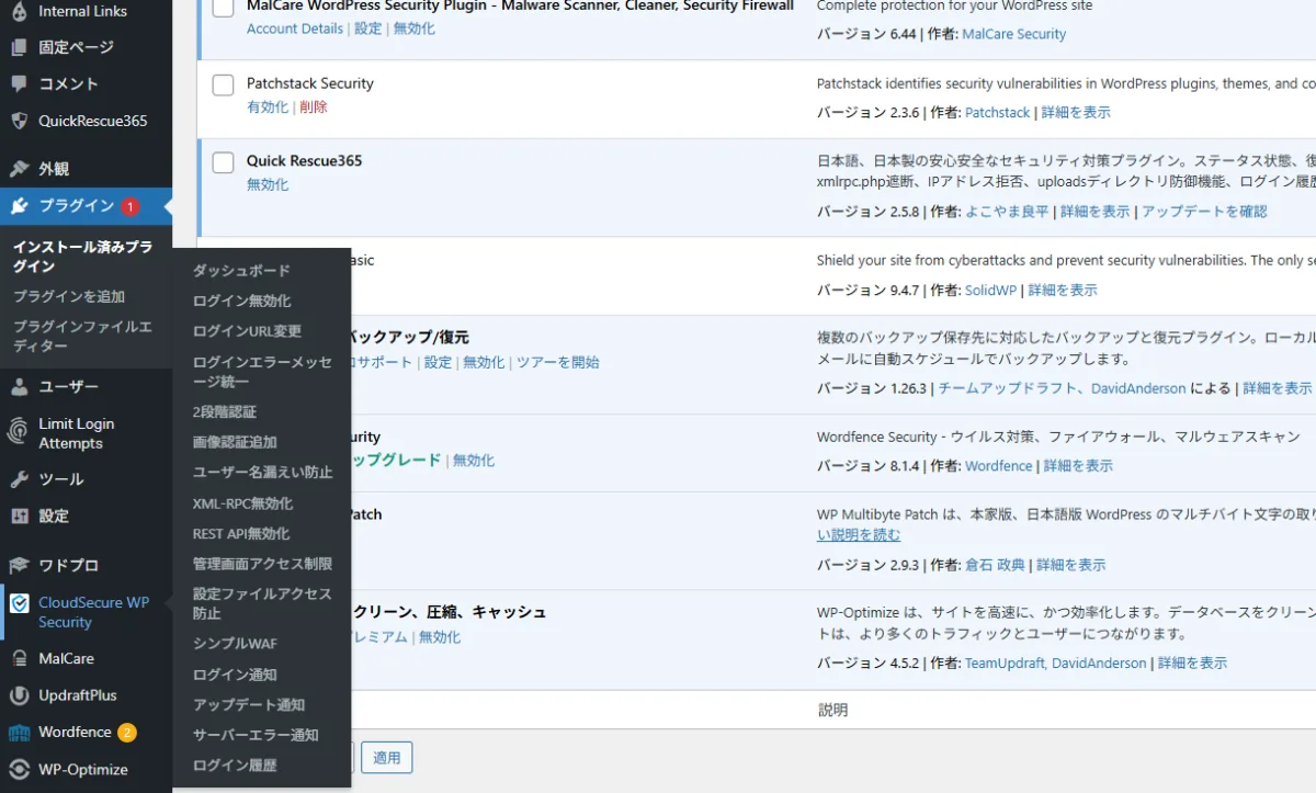 CloudSecure WP Securityの管理メニュー