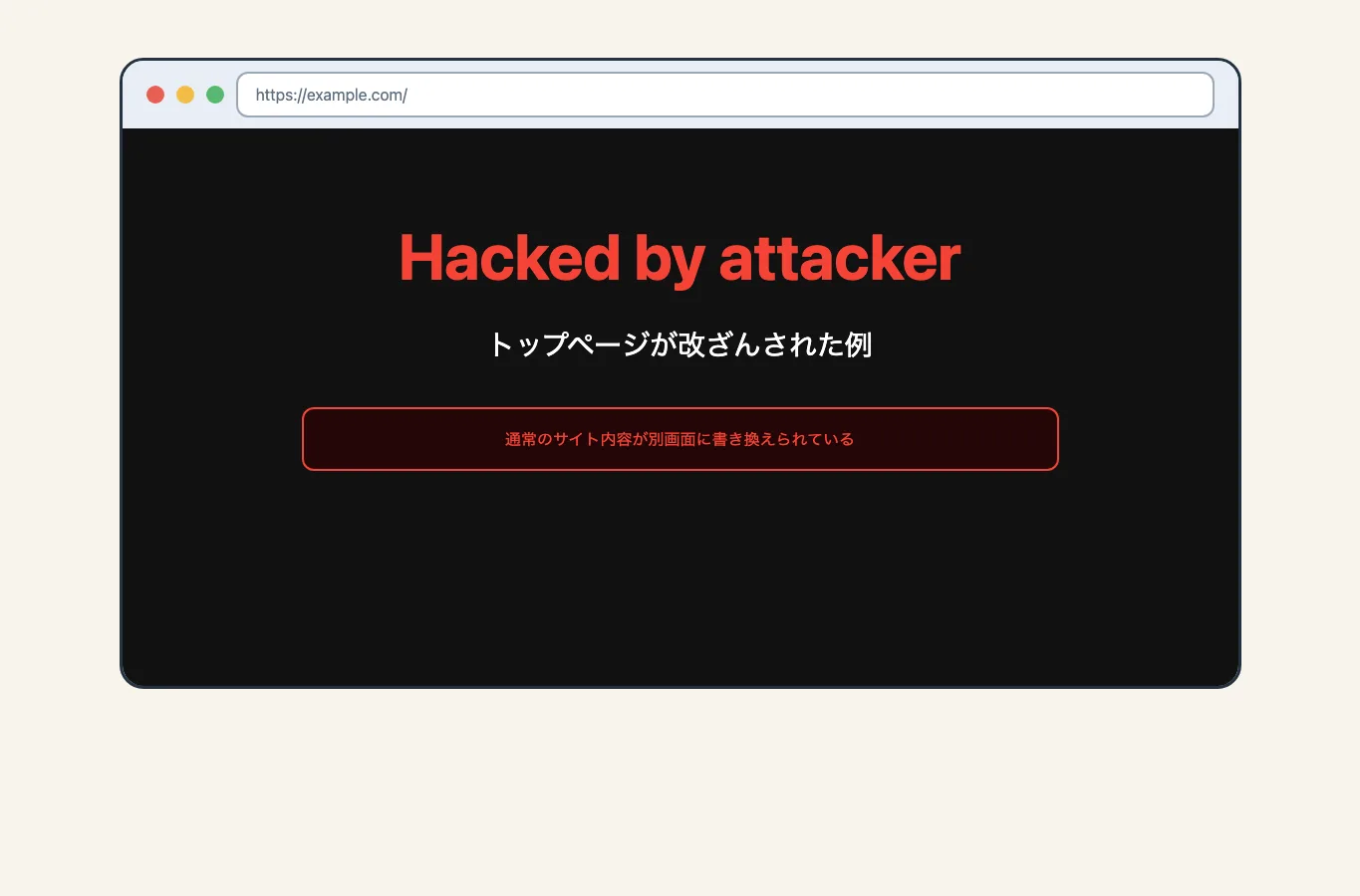 WebサイトのトップページがHacked by attackerのような改ざん画面に書き換えられている説明用スクリーンショット。
