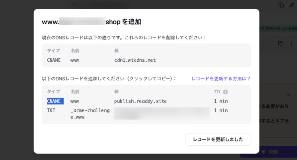 Readdyがwww用として案内するCNAMEとTXTレコードの例