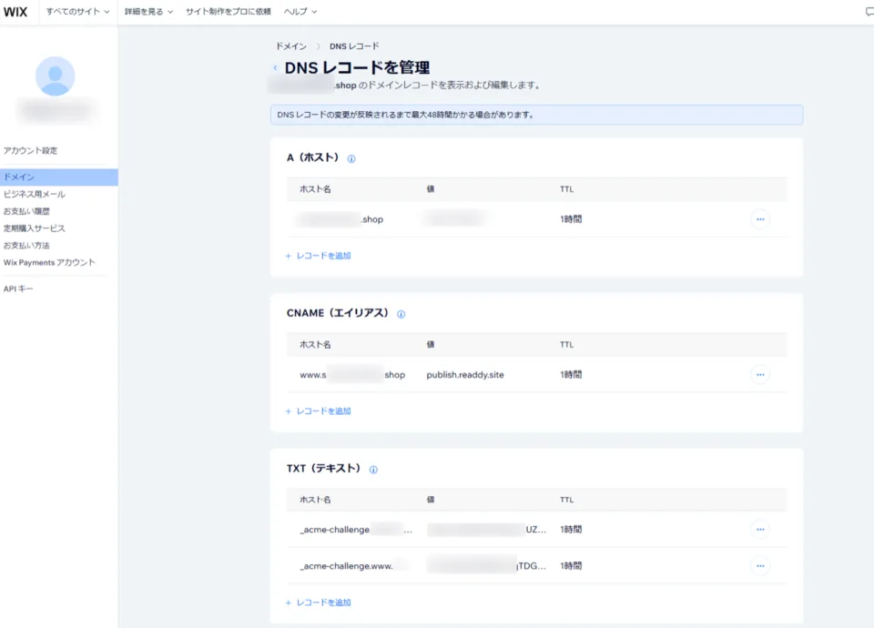 WixのDNSレコード管理画面にA・CNAME・TXTが登録された例