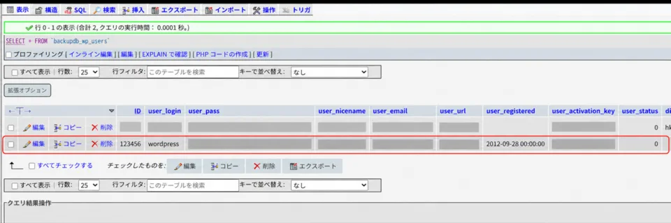 偽のbackupdb_wp_usersテーブルに作成されていた不審な管理者ユーザー(認証情報はマスキング済み)
